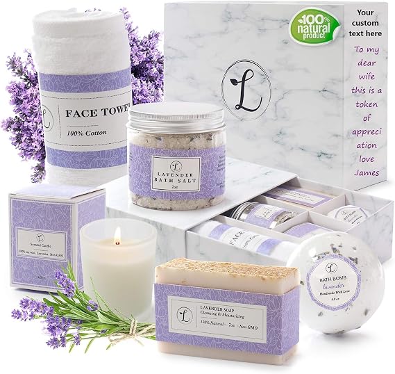 Spa Gift Set, Natural Lavender, Gift Box Includes Bath Bomb, Bath Salt, Hand Soap, Scented Candle, Face Cloth and Gift Box. Best Gift for Her (Personalize Your Name)