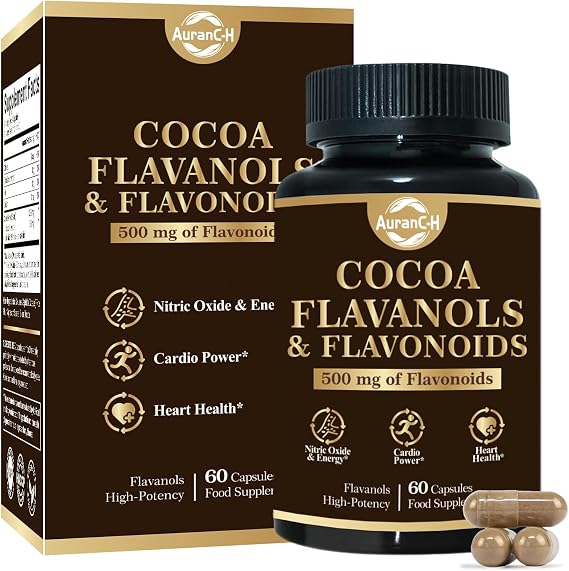 High Flavanol Cocoa Powder, Cocoa Cardio Health Supplement, Cocoa Flavanols 𝐂𝐚𝐩𝐬𝐮𝐥𝐞𝐬, Support Heart Health, Boost Nitric Oxide, Blood Circulation, Energy, Vegan, Dark Chocolate, 60 Capsules