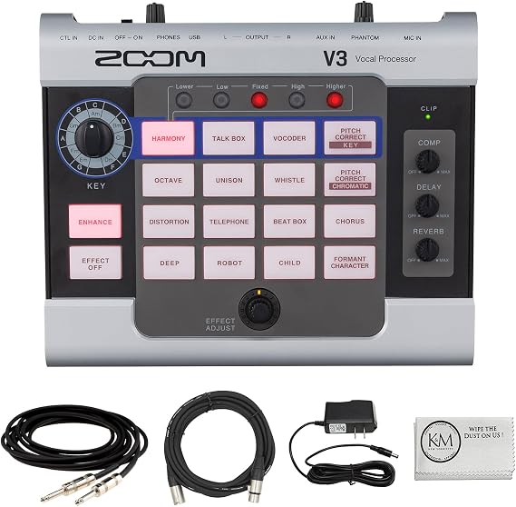 Zoom V3 Vocal Processor Bundle with 20 ft XLR Cable + 18.6 ft Instrument Cable + 9V Power Supply + Cloth (5 Items)