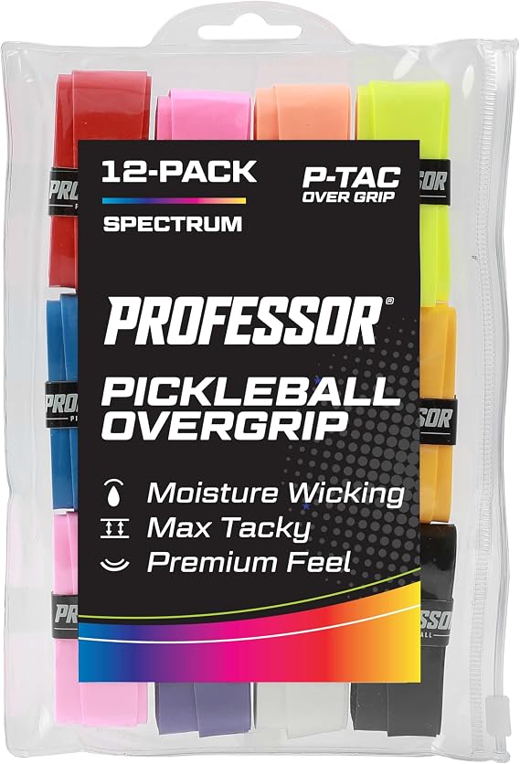 Professor P-Tac Pickleball Paddle Overgrip Max Tacky, Moisture-Wicking Grip Tape for Pickleball Paddles in 6 & 12 Packs, Anti-Slip & Durable Overgrip for Control & Enhanced Performance