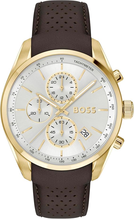 BOSS Chronograph Quartz Watch with Calendar for Men Grand Prix 44 Collection with Stainless Steel Bracelet or Leather Strap