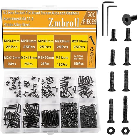 500-Piece Flat Head Socket Cap Screws M2 x 4/5/6/8/10/12/16/20mm 10.9 Grade Alloy Steel Black Full Thread Metric Machine Screws Bolt Washer Nut Assortment Kit
