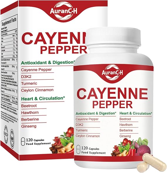 Cayenne Pepper Capsules Support Leg Vein Heart Blood Vessel Health, 8in1 with Vitamin E D3+K2 and Extracts of Grape Seed, Hawthorn, Beetroot, Berberine and Capsaicin, 120 Count