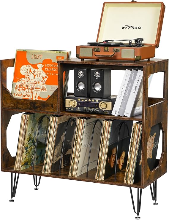 ikkle Large Rustic Record Player Stand, 2 Tier Record Player Table with Vinyl Record Storage, Vinyl Record Storage Cabinet with Metal Legs, Turntable Stand for Living Room, Bedroom, Holds 370 Albums