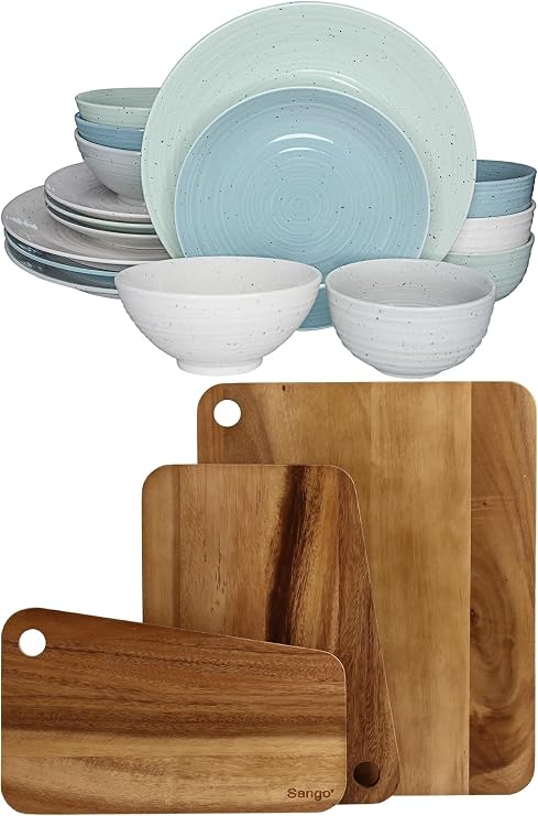 Sango Siterra Artist's Blend 16-Piece Set and 3-Piece Slant Edge Cutting Board Set with holes