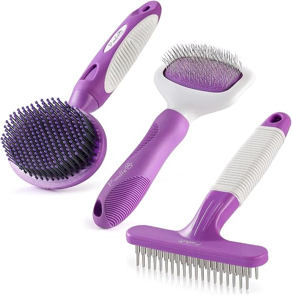 Poodle Pet Slicker Brush + Dog Grooming Rake + Round Bristle Brush Bundle