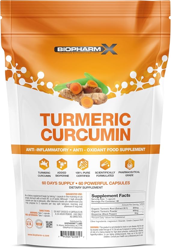 High Strength Turmeric Capsules 18,000mg (600mg 30:1 Extract + 400mg Turmeric Powder) with Black Pepper (60 Capsules / 2 Month Supply)