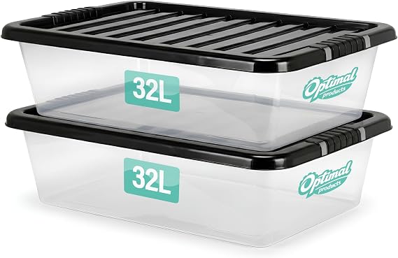 2 x 32 L Underbed Storage Boxes with Lids Set of 2, Clear Multipurpose Nestable Stackable Plastic Storage Box 32L Clear Containers Boxes For Home, Kitchen, Office, Garage, Accessories Uses