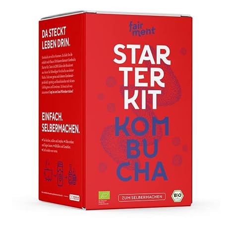 fairment Kombucha Starter Kit - Make Your Own Living Drink - Starter Set with Organic Kombuch a Mushroom (SCOBY) Glass Ingredients Accessories and Recipes - Make Kombucha Tea Yourself