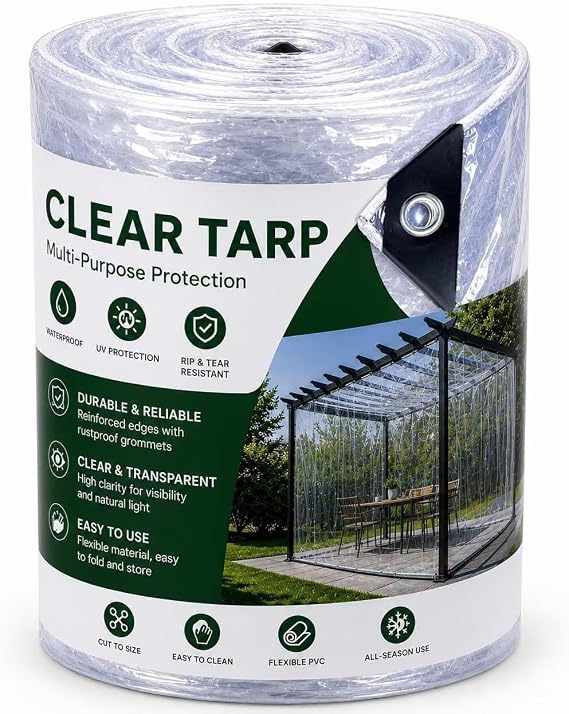 Şeffaf halkalı branda, PVC su geçirmez, yırtılmaya dayanıklı koruyucu kapak, dış mekan teras, çardak, sera, bahçe mobilyaları, 450 g/m² (boyut: 2,1 x 5 m)