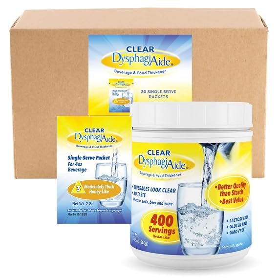 Clear DysphagiAide Level 3, Moderately Thick Single-Serve Packets, 20 Count and 400 Serving Jar Bundle