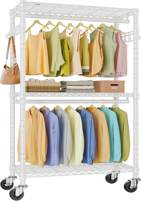 VIPEK V12M Heavy Duty Rolling Clothes Rack 3 Tier Adjustable Clothes Rack with Double Rod & Hook Freestanding Wardrobe Closet Storage Rack Metal Garment Rack Clothes Hanging Rack White | ロック可能なサイレントホイール、ダブルハンギングロッド、調節可能なワイヤーシェルフ/サイドフック、500ポンドの省スペース、アパート用、ホワイト。