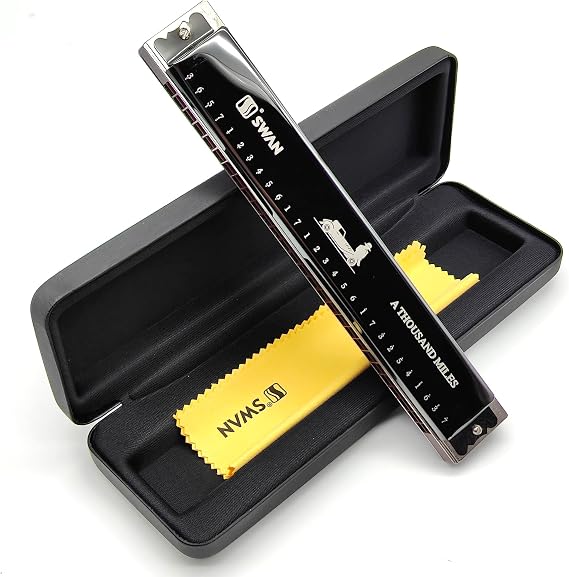 SWAN 28 Hole Wide Range Polyphonic Harmonica C Key with JP Imported Bronze Sound Spring,Advanced Tremolo Harmonica for Beginners Professional Players(Black)