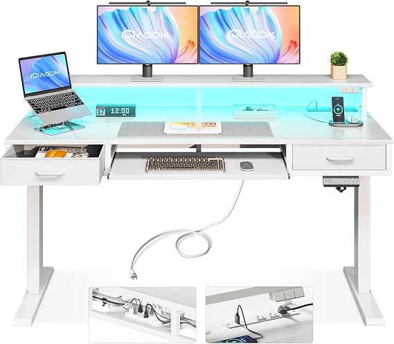 AODK 55 Inch Electric Standing Desk with Drawers & Keyboard Tray, White
