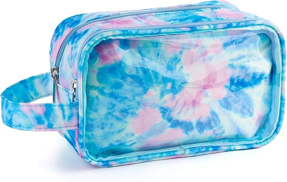 Kids Toiletry Bag for Girls, Travel Clear Toiletry Bag for Little Young Girls Cosmetic Bag Makeup Bag Waterproof Hanging Toddler Wash Bag, Blue Tie Dye