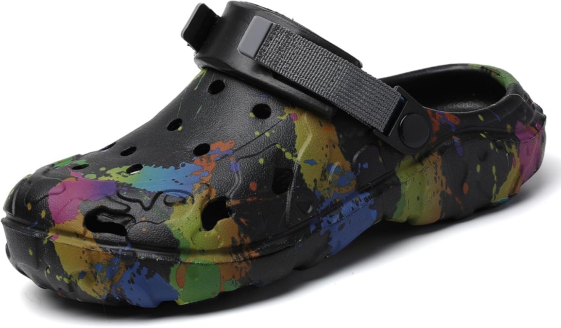 Mens Color Splash EVA Clogs Lightweight Breathable Slip On Garden Shoes with Adjustable Strap, Waterproof Anti-Slip Summer Sandals for Beach, Yard, and Everyday Wear