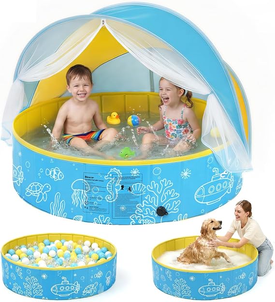 Foldable Kiddie Pool with Canopy, 47IN Portable Hard Plastic Kids Baby Swimming Pool, Sunshade & Non-Slip Beach Tent for Kids Ages 2-6, Outdoor Backyard Graden Water Play