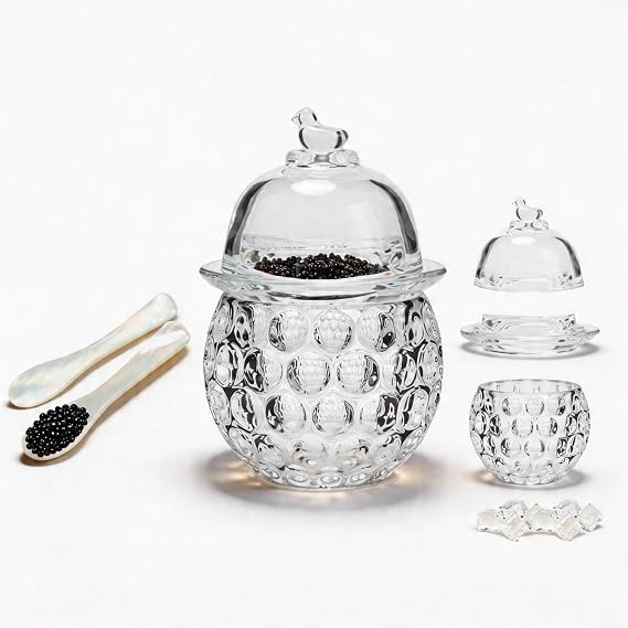 Caviar Serving Set,Chilled bowl Glass Caviar Dish With Lids&Spoons