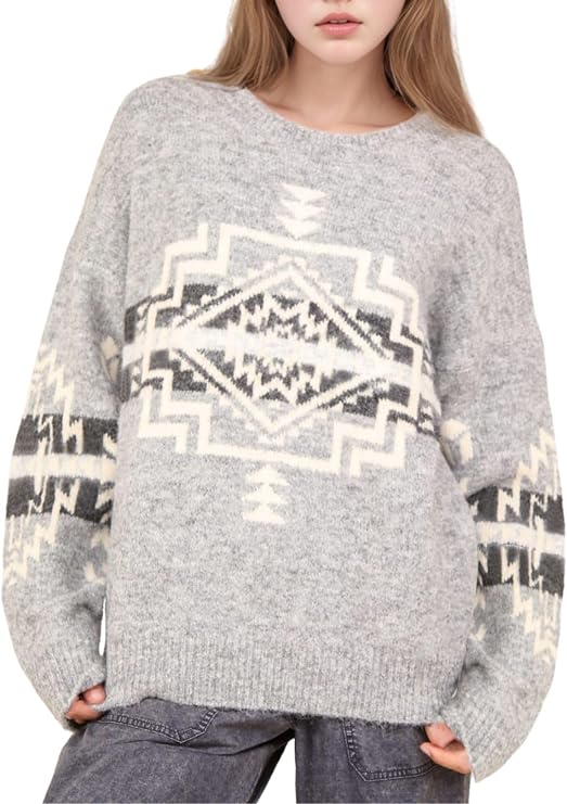 Womens Loose Fit Argyle Graphic Aztec Western Sweater Long Sleeve Crewneck Pullover Tops