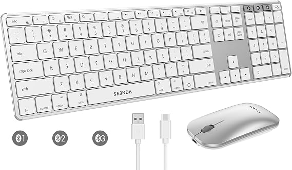seenda Bluetooth Keyboard and Mouse for Mac, Multi-Device Rechargeable Keyboard Mouse with Quiet Keys, Full Size Slim Combo Compatible for MacBook Pro/Air, iMac, iPad, iPhone - White Gray