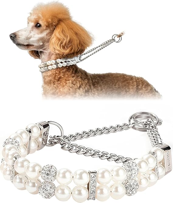 Luxury Martingale Collar for Small Dogs and Cats- No Pull Training Choke Chain Collar with Pearls & Crystals - Bling Dog Necklace Accessory for Pet Yorkie, Chihuahua, Pomeranian
