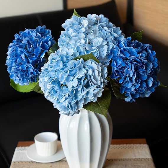 DUYONE 22in Soft Real Touch Hydrangea Artificial Flowers, Large Long Stem Latex Faux Flowers for Wedding Bouquet, Party, Home,Outdoor Garden Office Table Centerpieces,Front Porch,Blue 2 Klein Blue 2