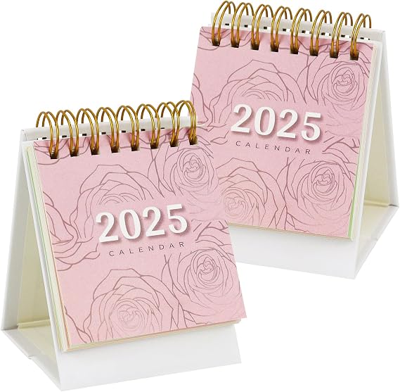 Small Desk Calendar 2024-2025, 3" x 4.3", Runs from July 2024 Until December 2025, Standing Flip Academic Year Monthly Calendars with Gold Coil, Easy to Read (Rose - 2 Pack)