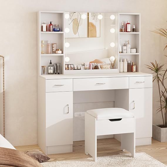 Halitaa Makeup Vanity Desk with Lighted Mirror, White Vanity Set Makeup Table with 3 Drawers, 2 Cabinets and Storage Stool, Large Vanity 45inch, White