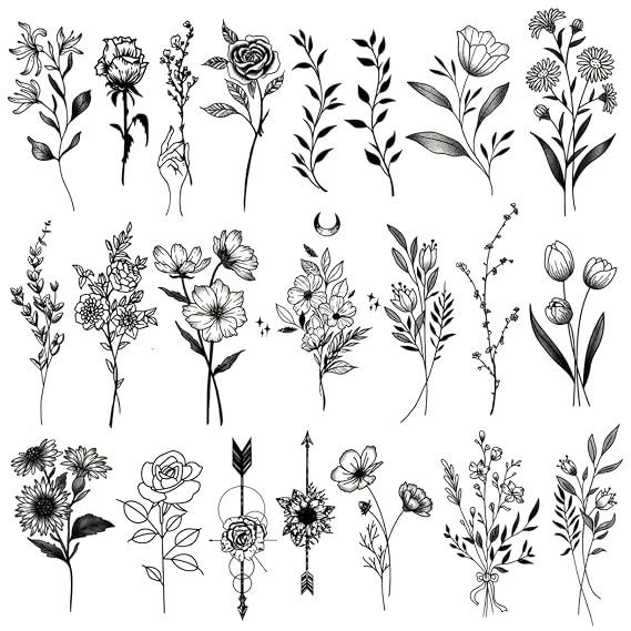 One Grace Medium Black Flower Temporary Tattoos - Realistic Long Lasting Waterproof Tattoos - Floral Bouquet Wild Plants and Branch Tattoos for Women and Men