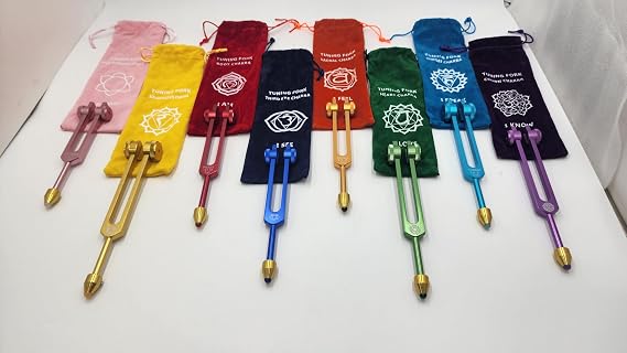Chakra Tuning Fork Set of 8 Color Coded Weighted with Gold Gem Feet Extensions for Healing with Individually Marked Chakra Sign Bags and Striker Includes Soul Purpose, CTFGF8