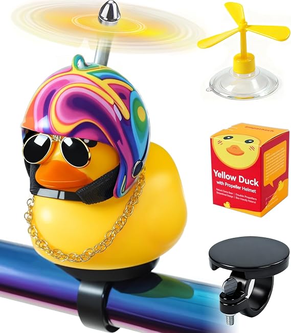 Rubber Duck Bike Decorations [New Stable Clamp Mount] Cute Squeak Duck Bike Bell [Two Helmet Propeller] Funny Bike Accessories E Scooter Motorcycle Cycling Gifts