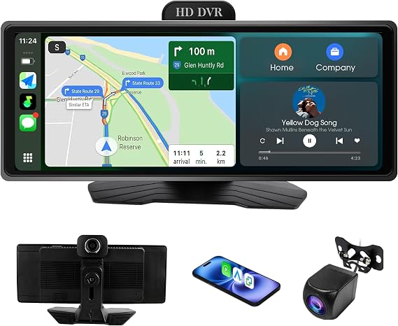 Haudio 10.26" Wireless CarPlay Screen for Car with 1080P Dash Cam & Backup Camera, Portable Car Stereo, Wireless Android Auto, FM/AUX Audio, GPS Navigation, Voice Control, 64GB Card Included