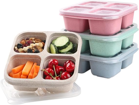 Snack Containers, 4 Pack, 4 Compartments, Bento Snack Box, Reusable Meal Prep Lunch Container for Kids and Adults, Divided Food Storage Containers for School, Work, Travel