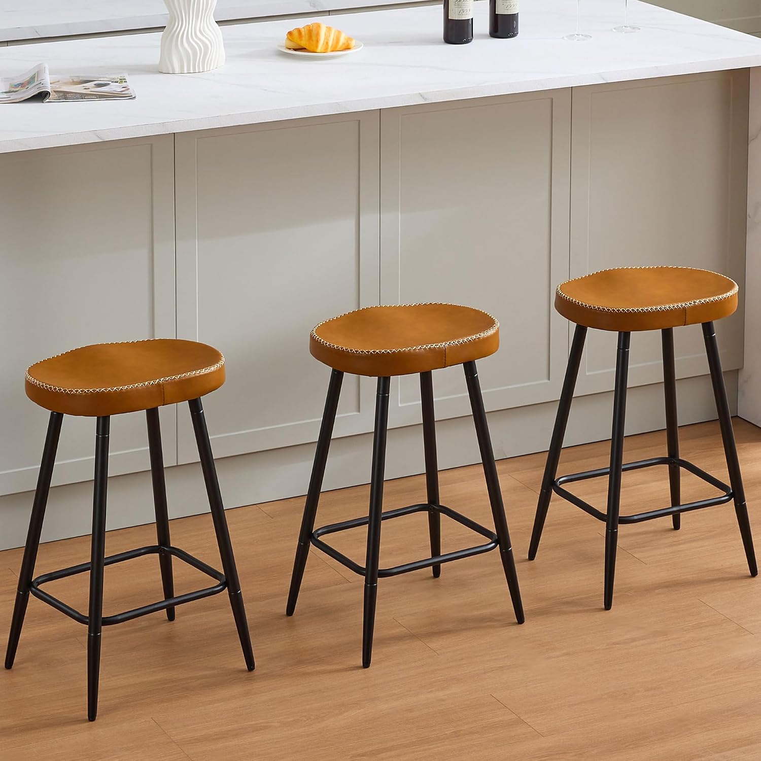 Counter Stools Set of 3, Modern 24 inch Counter Height Stools, Faux Leather Backless Barstools for Kitchen Island Whiskey Brown, 3 PCS 24 Height