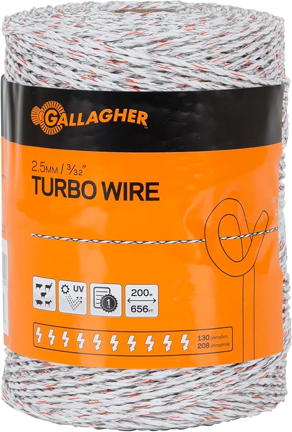Gallagher Electric Fence Turbo Polywire | 9 Mixed Metal Strands for 40x More Conductivity and Extreme Power | Ideal for Long Portable Fences | UV, Rust Resistant | 3/32" Diameter Polywire | 656 Foot