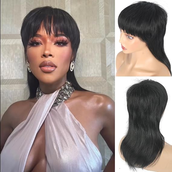 Matthia 80s 90s Mullet Wigs Pixie Cut Wigs with Bangs for Black Women, Wolf Cut Wig Straight Short Black Synthetic Wigs with Bangs Glueless Mullet Wig for Black Women Full Machine Made Wig