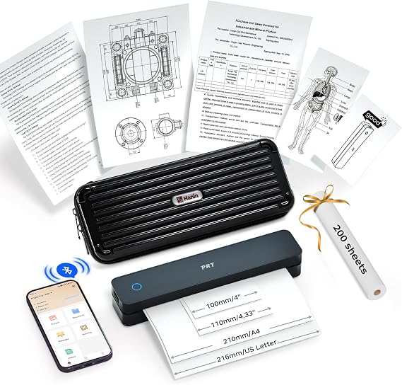 PRT Portable Printer A4, Inkless Thermal Printer with Case, 200 Sheets