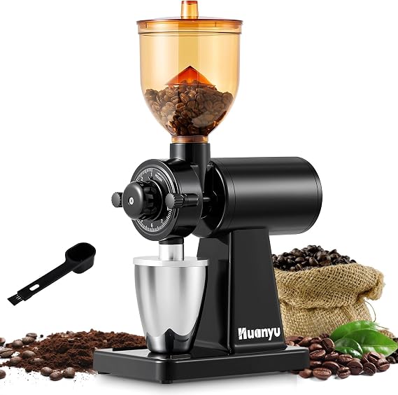 Huanyu Flat Burr Coffee Grinder, Sealed Dust-Free Anti-Static Grinding