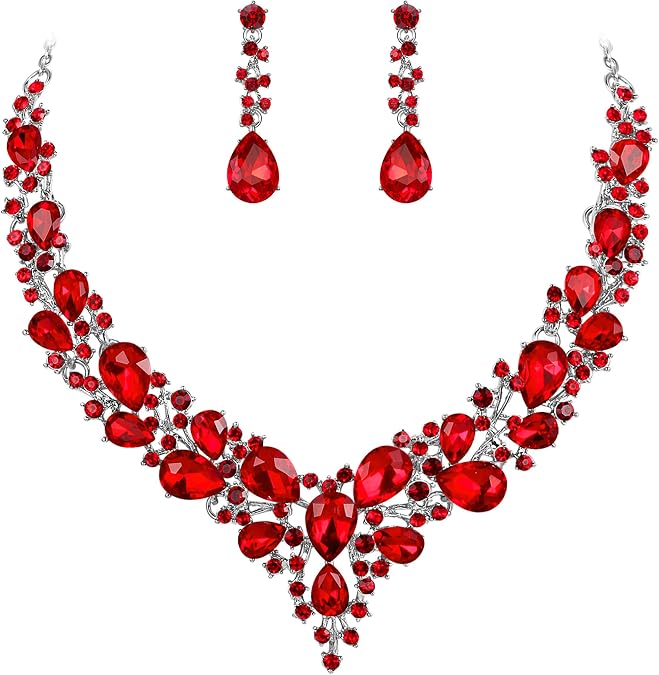 Women's Wedding Statement Necklace Dangle Earring Jewelry | Austrian Crystal Teardrop Cluster,Necklaces Earrings Set for Bride Bridesmaid,Prom Accessories