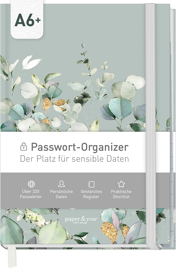 Häfft paper&you® Password Book A6+ with A-Z Index German Minty Leaves