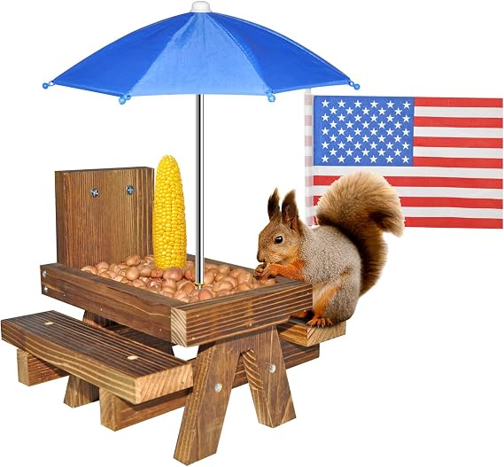 Squirrel Feeder with Umbrella Squirrel Table Feeder with Sturdy Squirrel Feeder with Corn Cob and Peanut Tray Holder Sturdy with Solid Structure Easy to Install (Blue Umbrella)