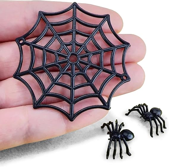 Miniature Black Spider Webs,Miniature Spiders,Fake Spider Webs,Halloween Miniatures,Dollhouse Halloween Craft Supplies,Terrarium, Diorama