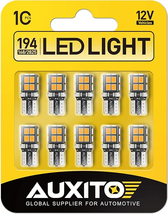 AUXITO 194 LED Light Bulb Amber Yellow 168 2825 W5W T10 Wedge 14-SMD LED Replacement Bulbs for Car Dome Map Door Courtesy License Plate Parking Light, Pack of 10