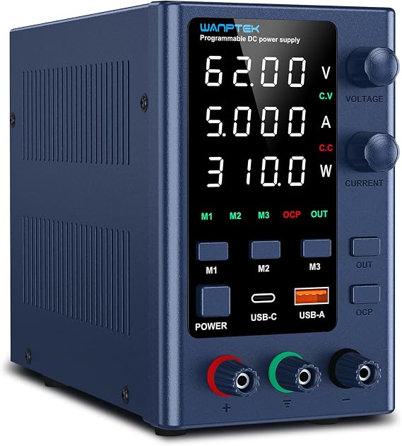 DC Power Supply, Variable 0-62V, 0-5A, Bench Power Supply, Memory Preset, USB-C & USB-A Fast Charging, OCP, Output Function, Adjustable with 4-Digit LED Display