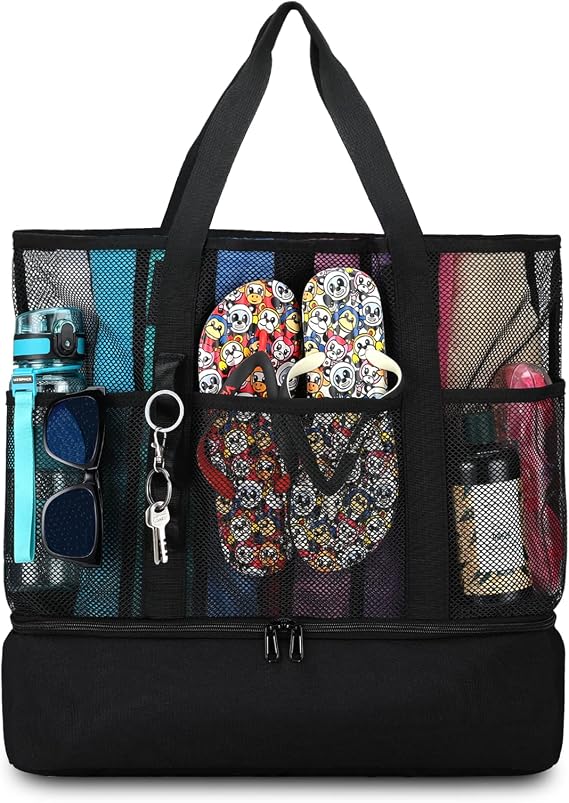 Beach Bag with Cooler,Mesh Beach Bags for Women Sandproof for Pool and Swimming Travel Daily with Durable 8 Pocket