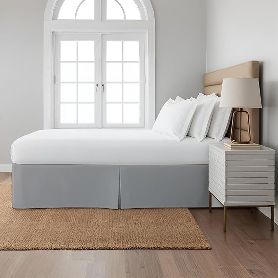 Full Pleated Bed Skirt with Split Corners, 3-Sided, 15-Inch, Light Grey