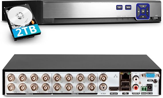 16 Channel CCTV Camera Systems with 2TB HDD, 5MP 265+ Surveillance DVR Recorder for 6 in 1 Analog XVI AHD TVI CVBS CVI IP Cameras, DVR for Security Home Surveillance System, Mobile APP PC Remote