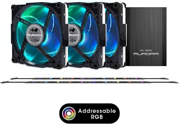 InWin Aurora Fan Kit Black/Red 3 RGB LED 120mm Fan Two LED Strips High Performance Silent Cooling Computer Case Fan with Anti-Vibration Mounting Cooling Black/Red Black