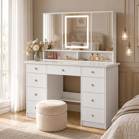 Vanity Mirror with Lights, Corner Vanity Desk with 9 Storage Drawers, 4 Large Shelves, 3 Color Lighting Options, Vanity Mirror Desk, Makeup Vanity Set for Bedroom, White