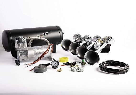 Loud 149 Decibels Four Trumpet Train Air Horn Kit with 1.5 Gal Air Tank